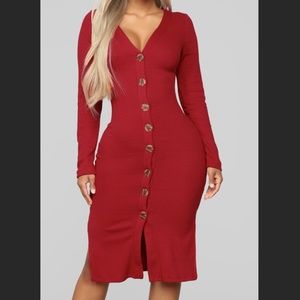 Red Button Down Midi Dress (S)